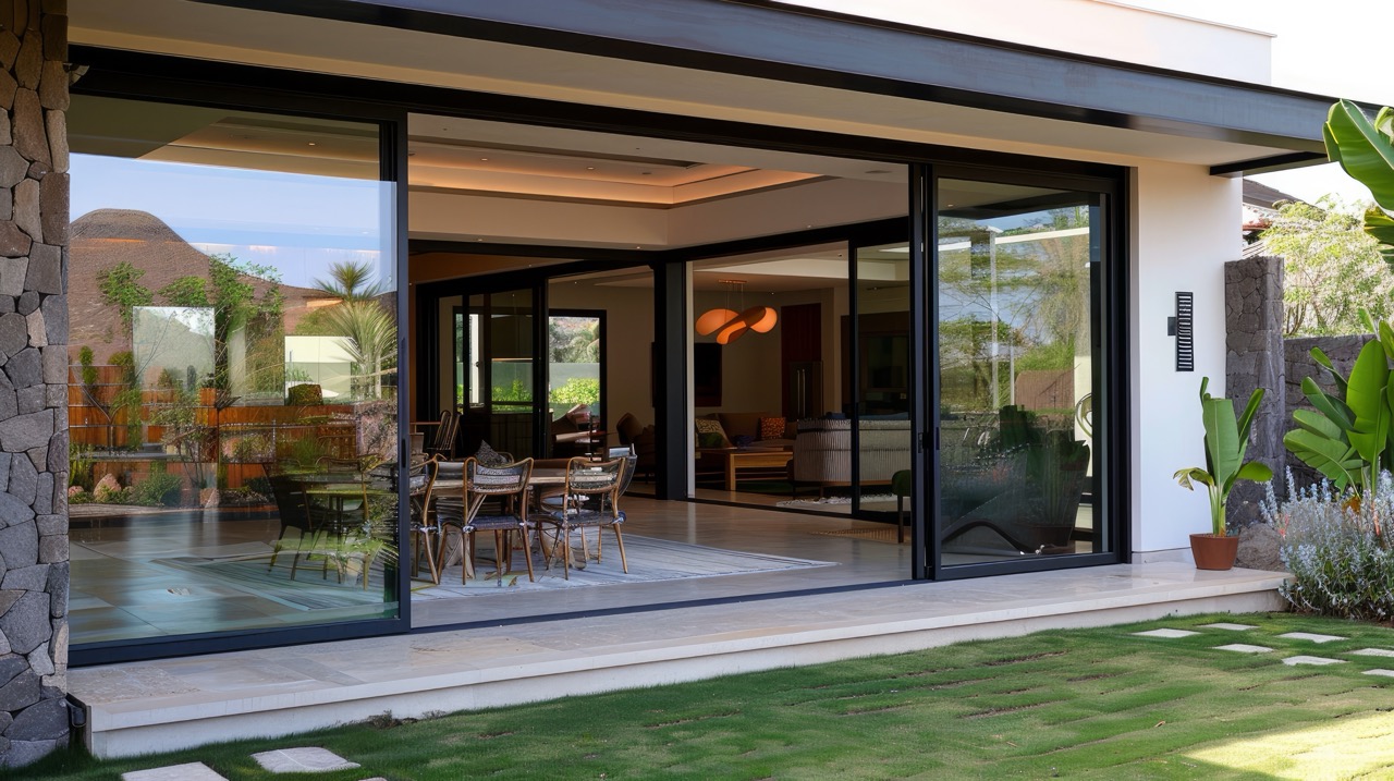 Home facade with sliding glass doors --ar 16:9 Job ID: b7b3bbd2-16c4-47a4-ac24-784870de325e